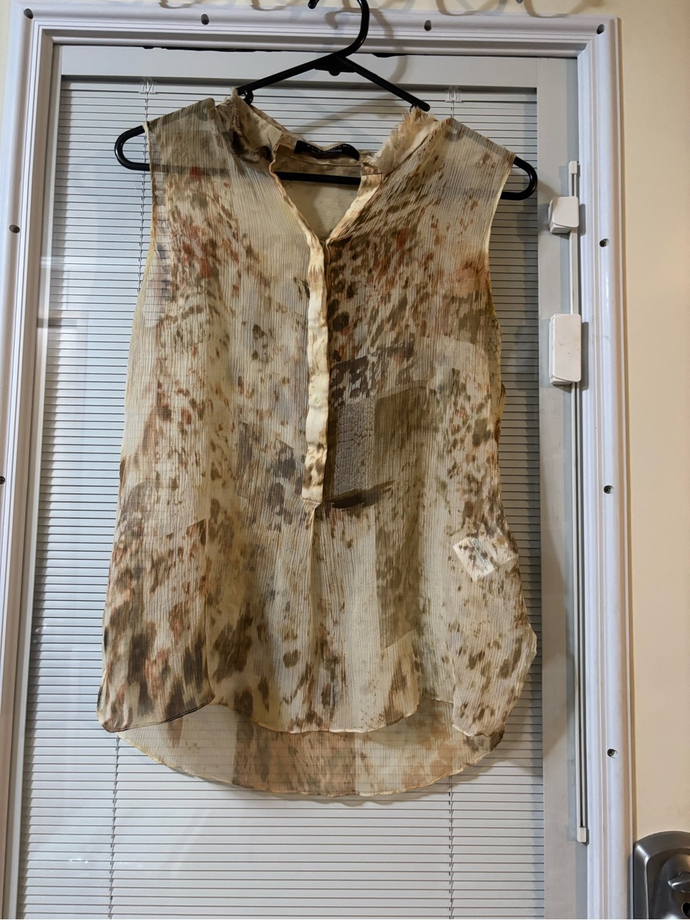 Elie Tahari Sheer Beige Printed Sleeveless Blouse